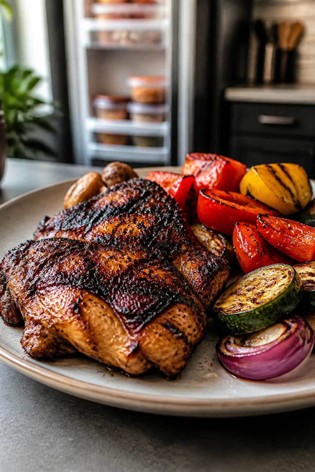 Close-up of charred grilled chicken thigh and vegetables on a plate, leftovers ready for storage and reheating