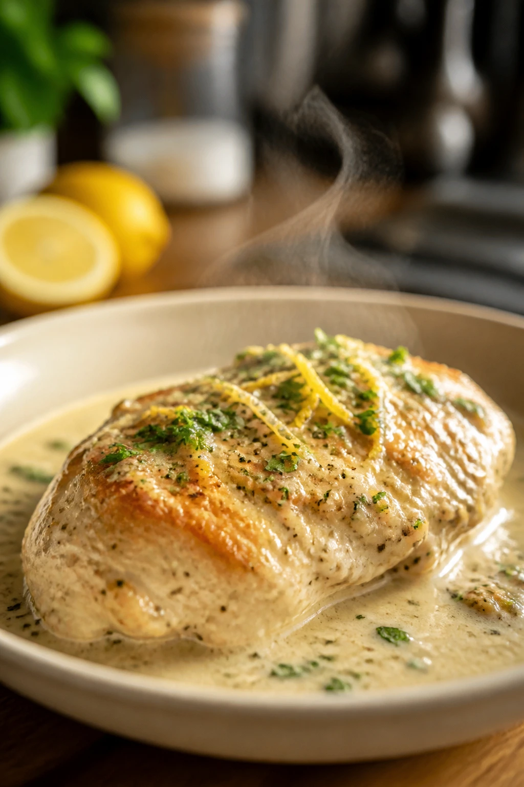 Steamy lemon chicken with creamy sauce on plate in warm kitchen