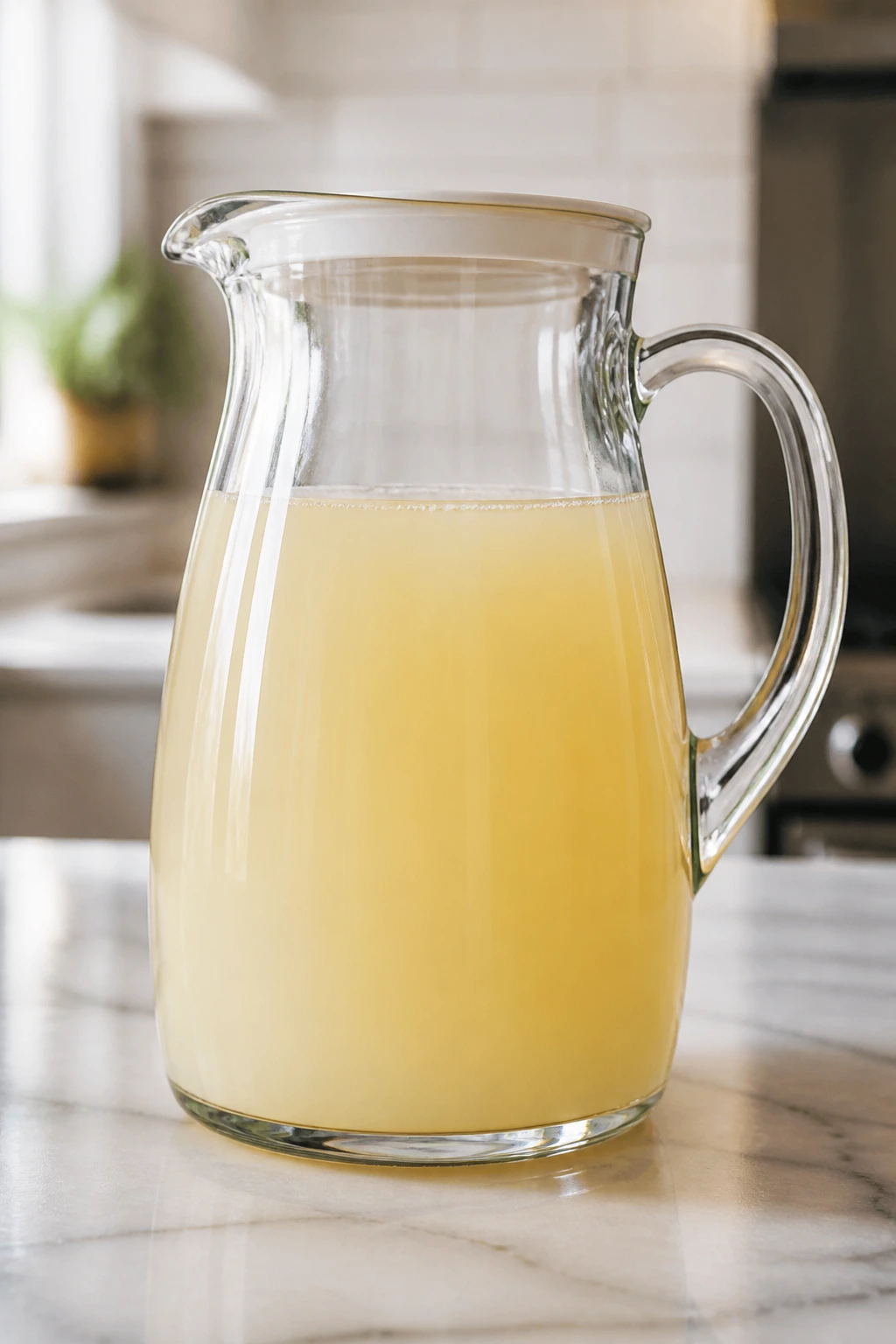 Sealed pitcher of lemonade base on kitchen counter