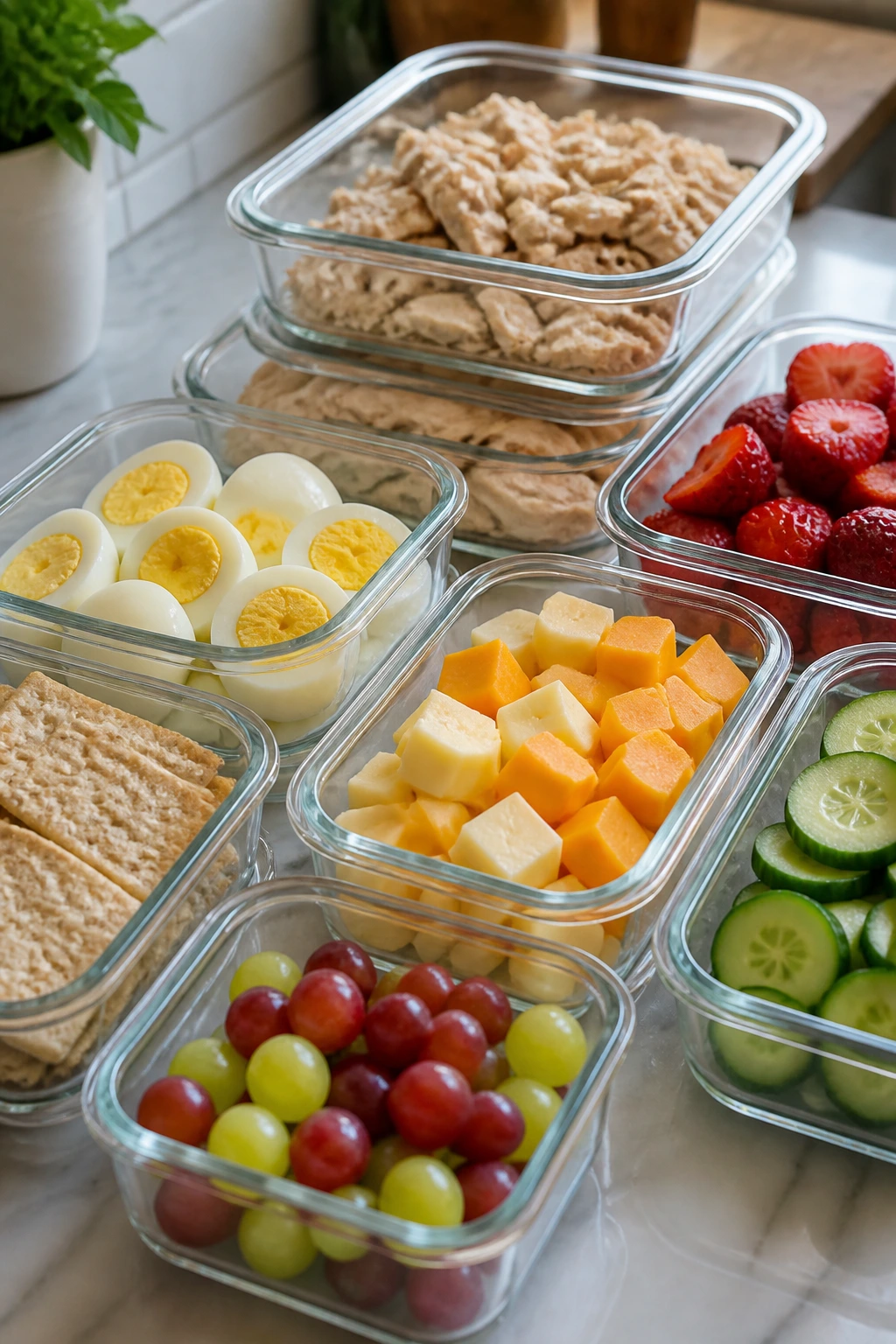 Fridge prep area with make-ahead lunch components ready for assembly