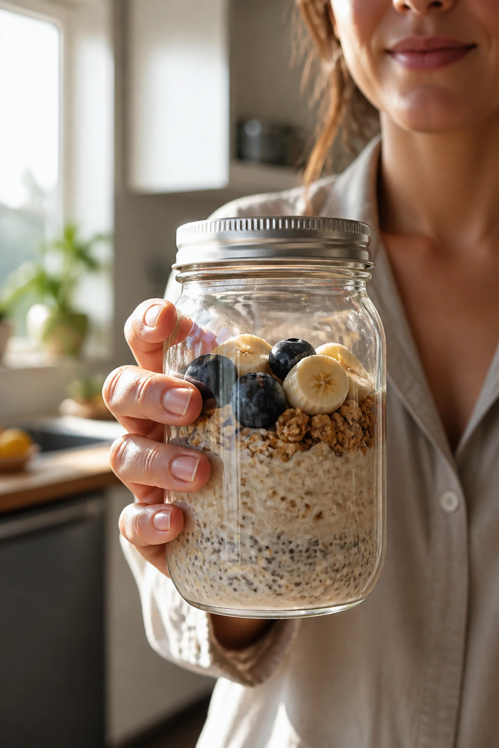 Busy parent holding overnight oats jar in bright kitchen