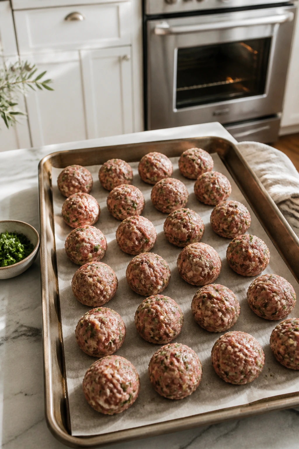Raw Greek meatballs on parchment-lined baking sheet in a home kitchen