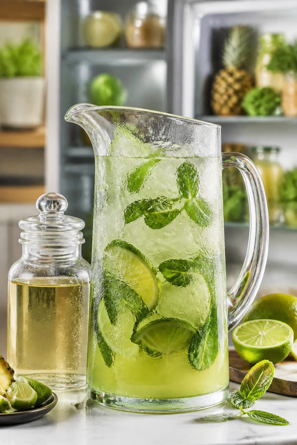 Condensed mojito pitcher on a kitchen counter with syrup and limes nearby