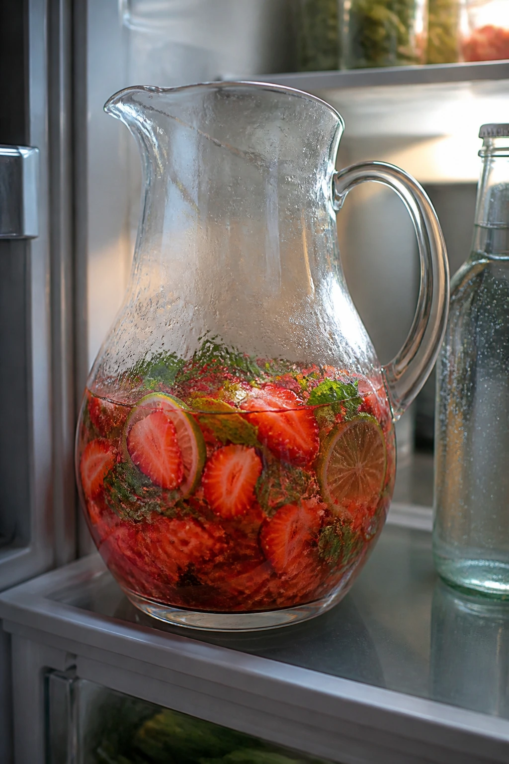 Pitcher of make-ahead mojito base in fridge with soda bottle nearby