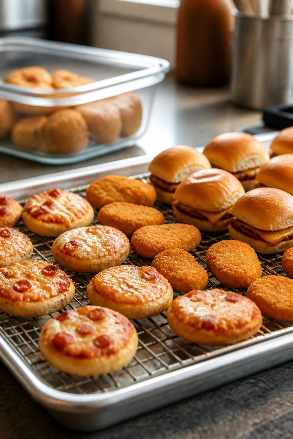 Medium close-up of a baking sheet with savory items cooling on a kitchen counter.