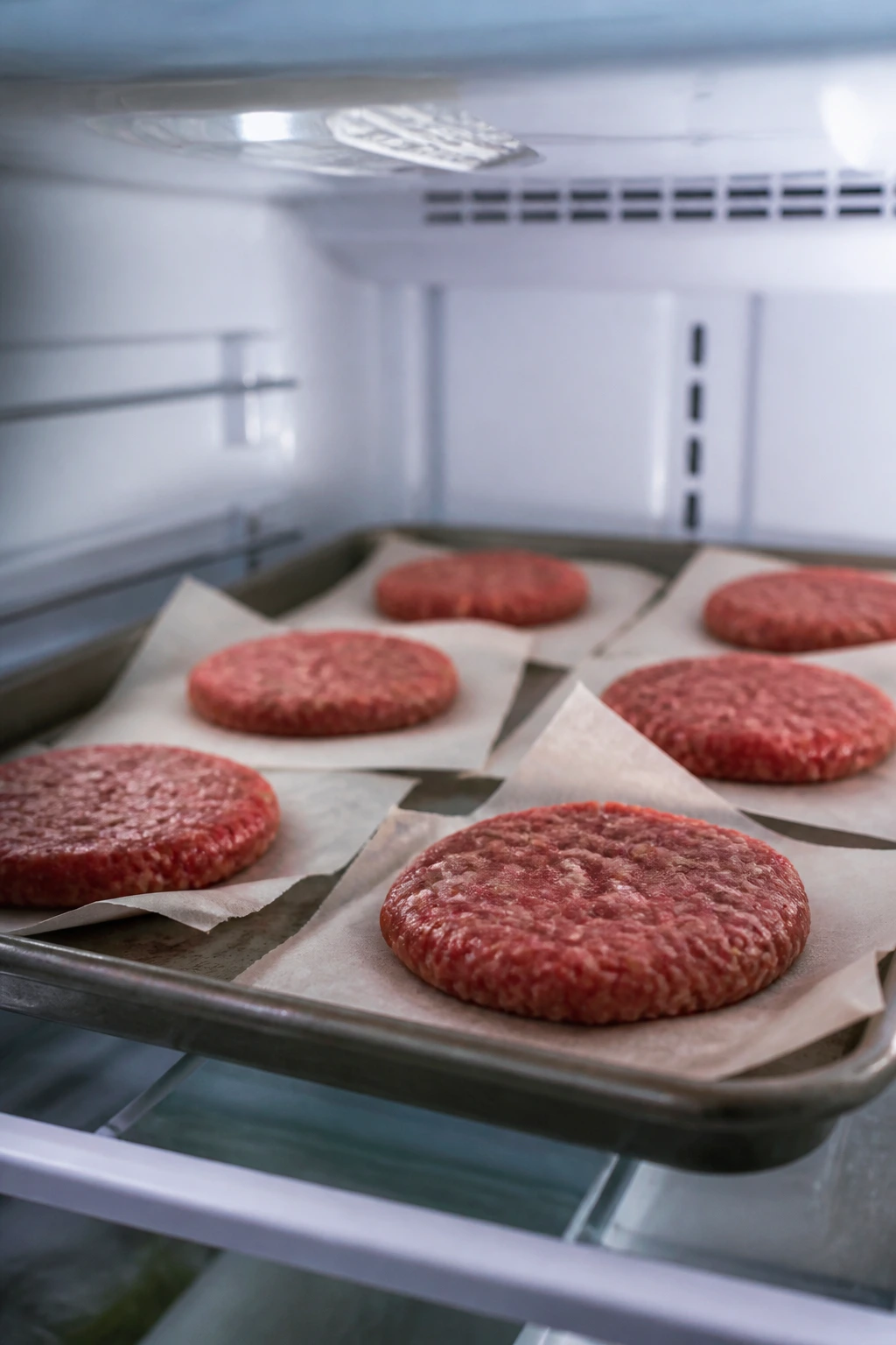 Parchment-lined burger patties arranged on a sheet pan in the fridge