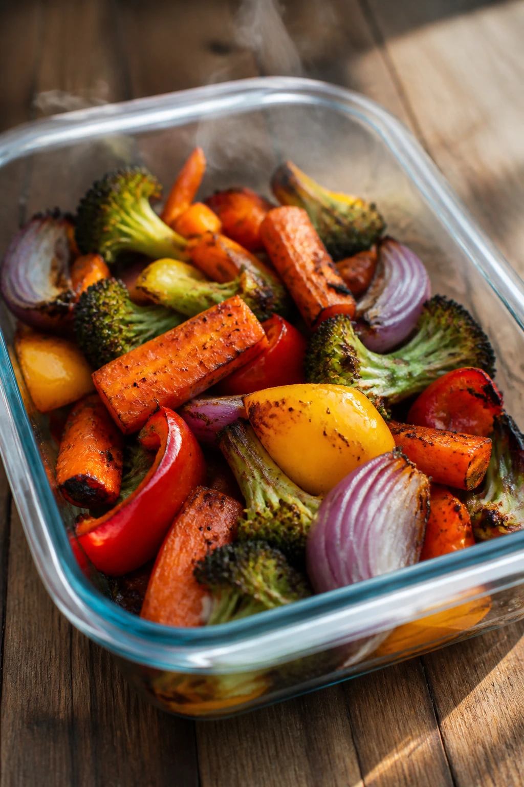 Crisp roasted vegetables in glass dish for make-ahead storage