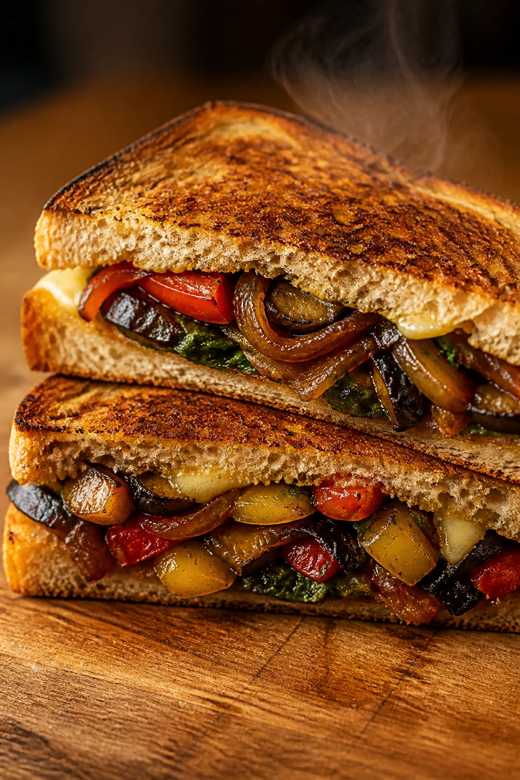 Crusty toasted sandwich with steaming filling on a wooden surface