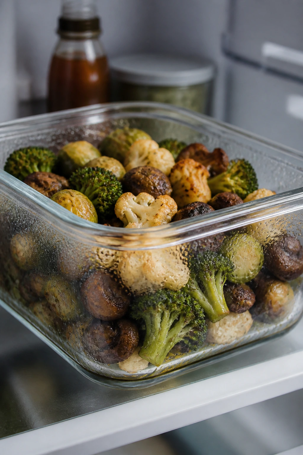 Glass storage container with roasted vegetables in the fridge