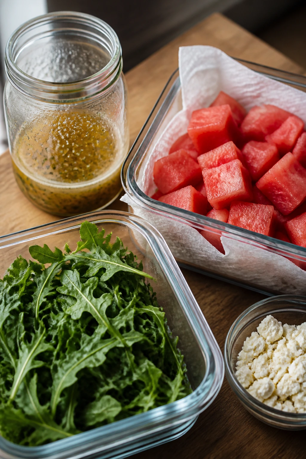 Containers of salad components for make-ahead prep