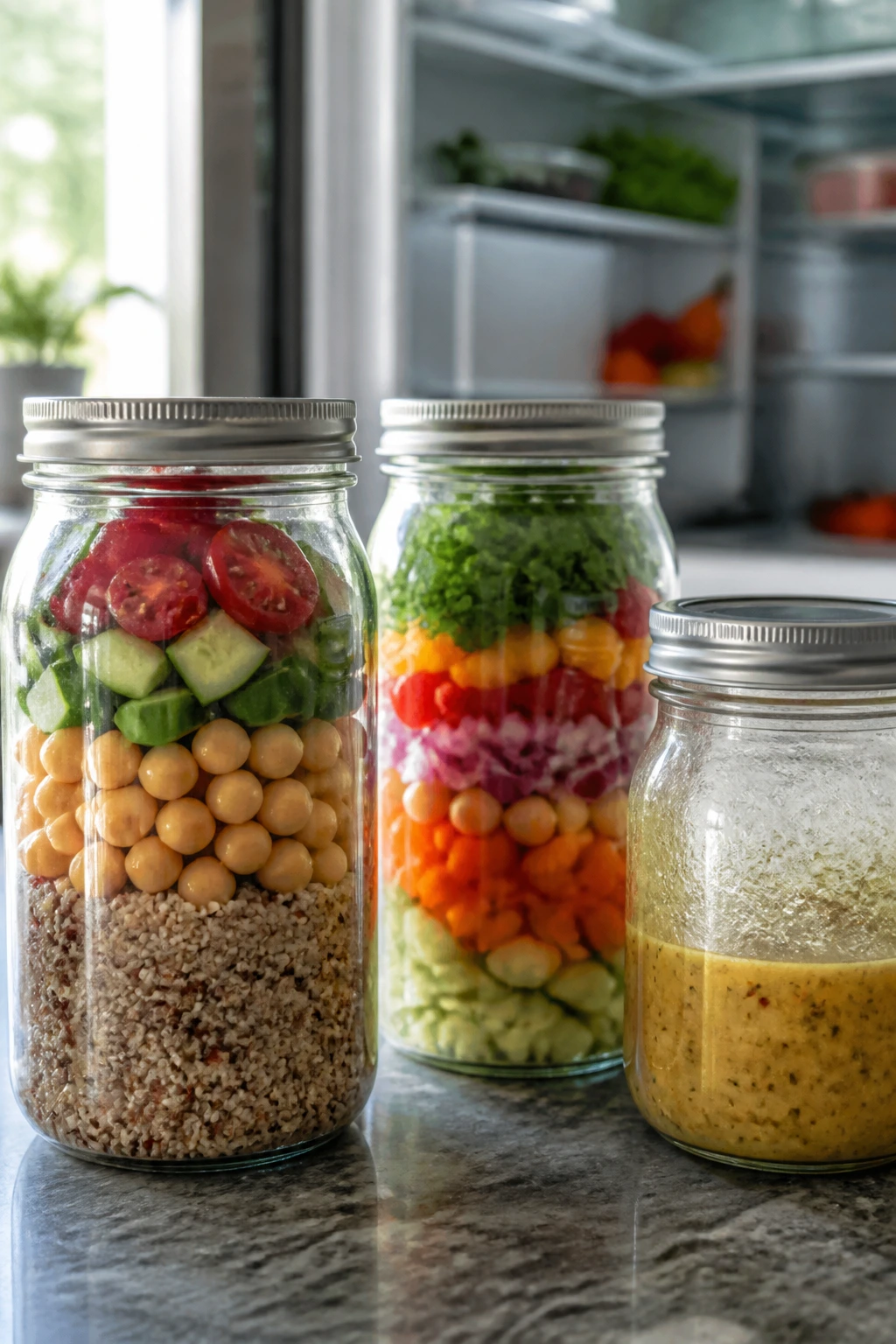 Glass jars with prepped grains and veggies for make-ahead salads on kitchen counter
