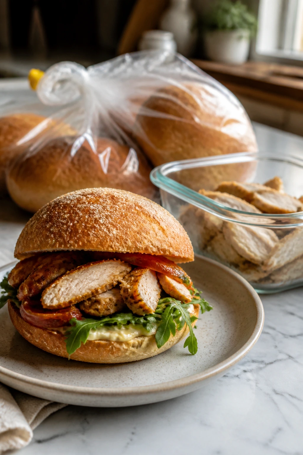 Roasted chicken sandwich with storage containers and rolls in a kitchen