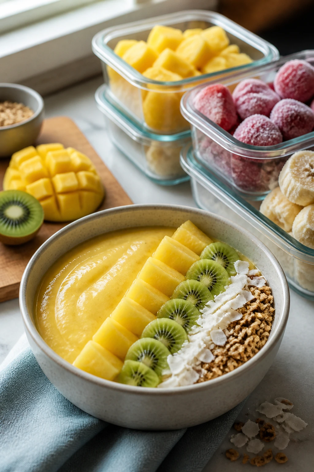 Make-ahead tropical smoothie bowl with frozen fruit containers nearby