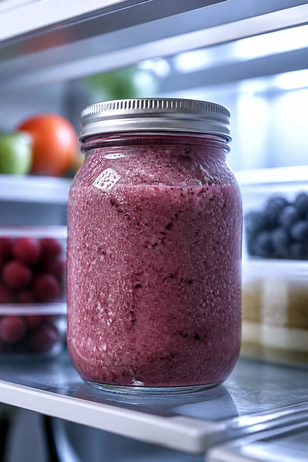 Mason jar smoothie inside fridge with condensation
