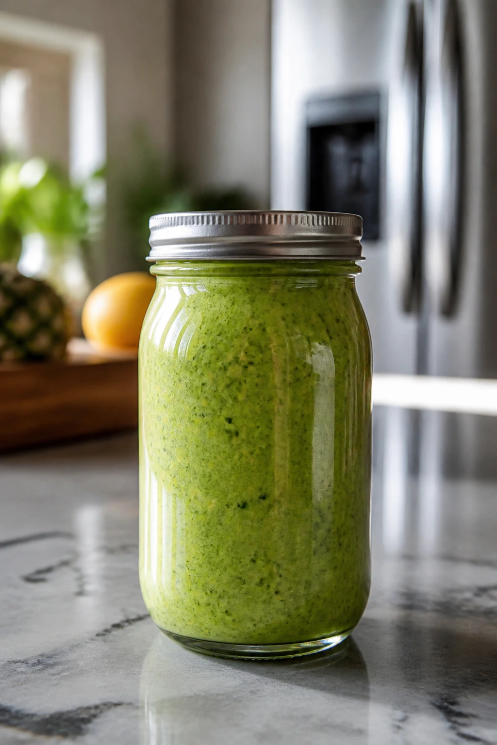 Mason jar of tropical basil smoothie ready for storage