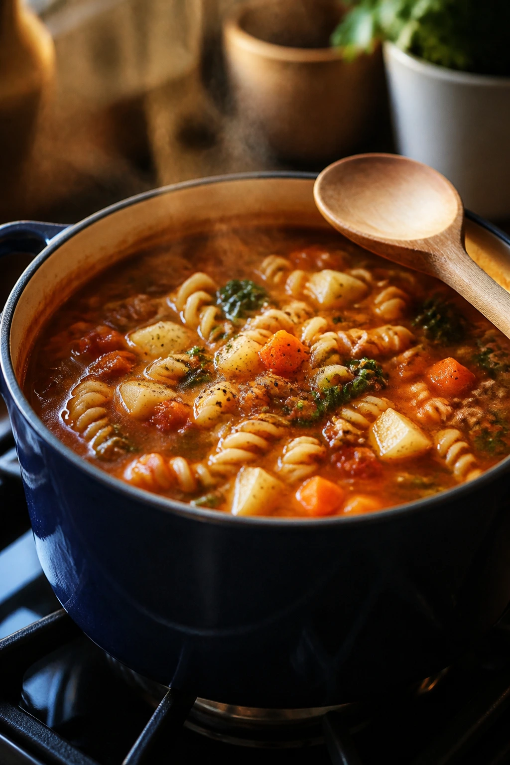 Steaming pot of hearty soup on a stove, representing make-ahead dinners.