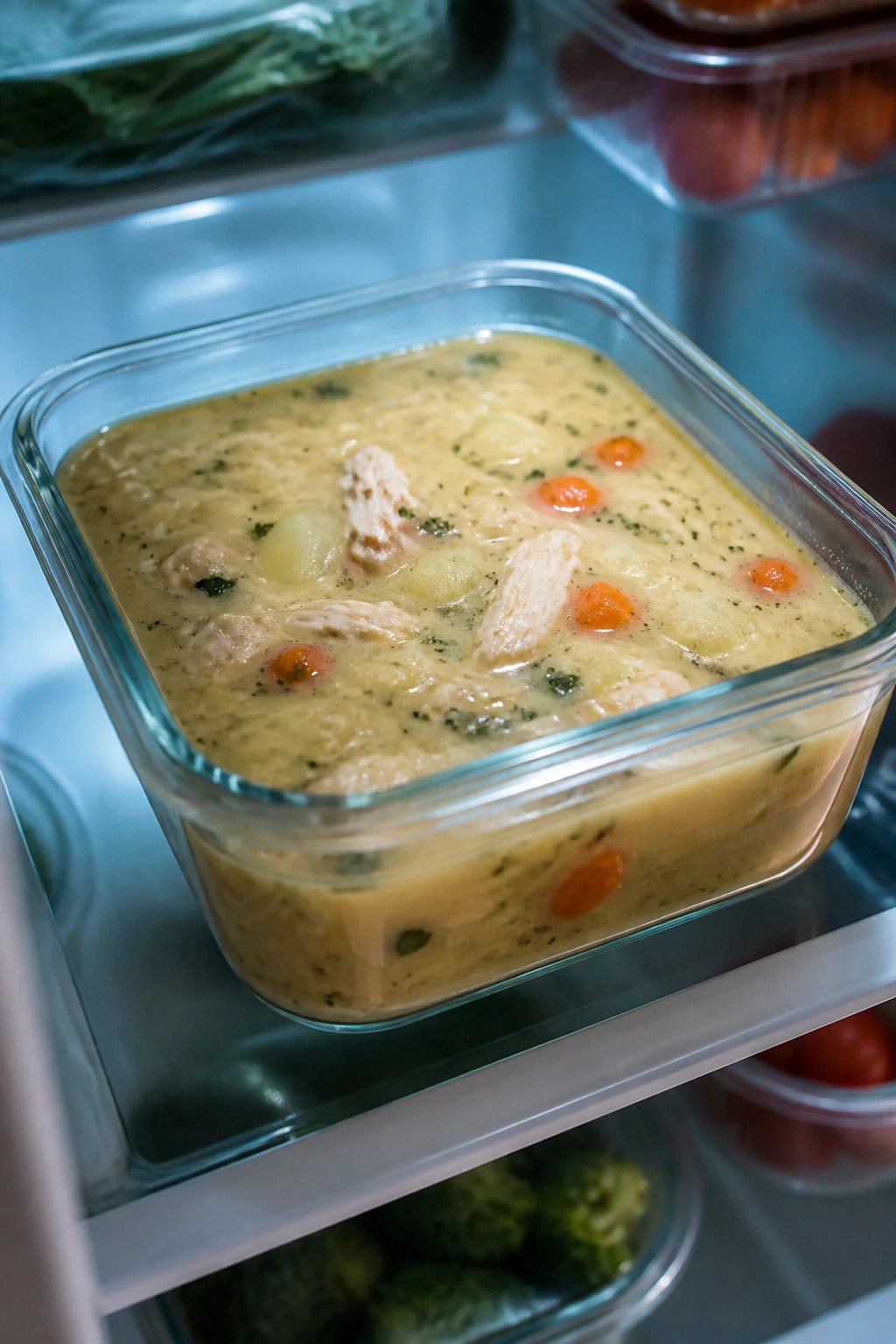 Glass storage container of thick soup in fridge
