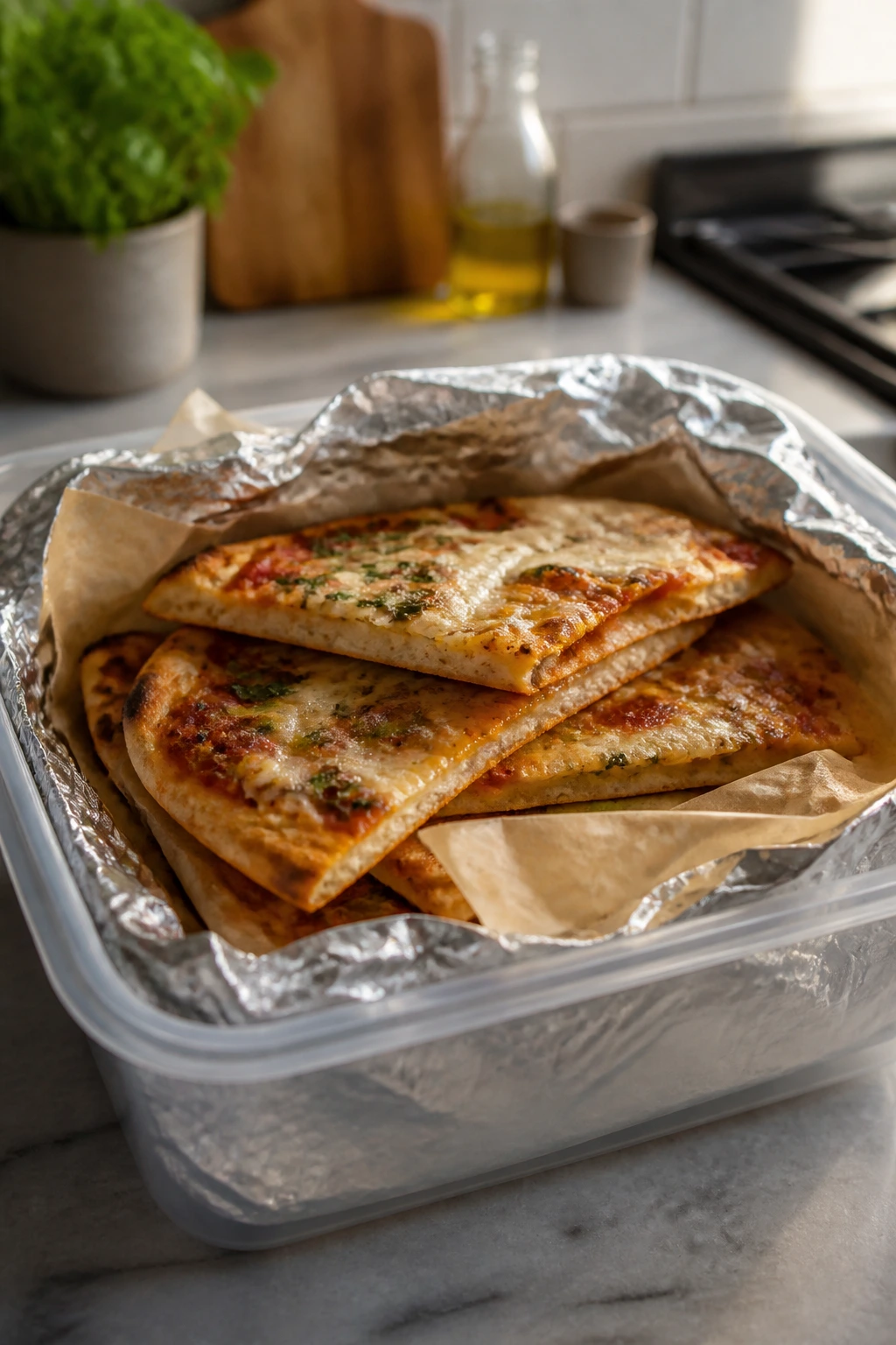 Naan slices stacked in parchment and foil for storage