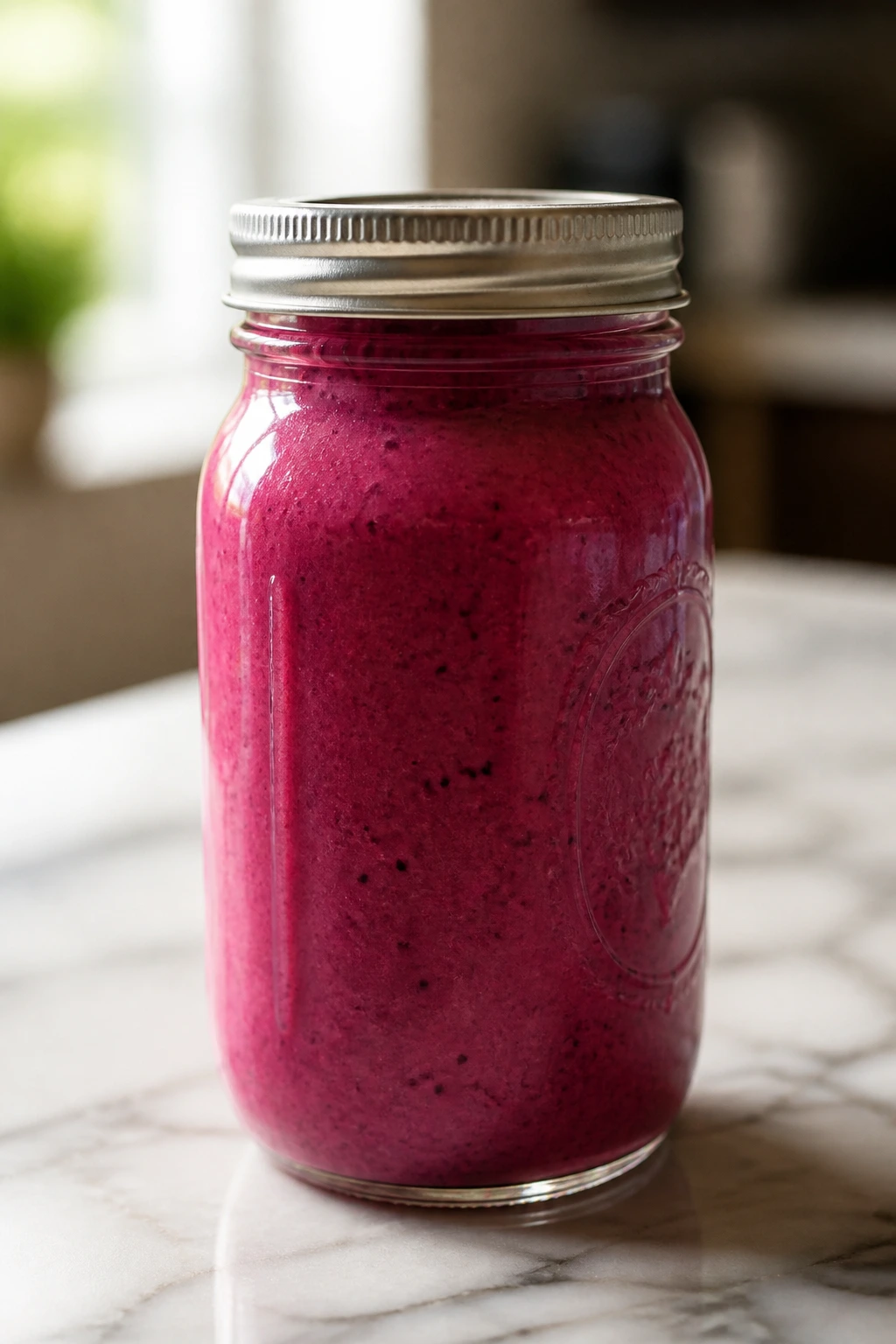 Mason jar filled with smoothie ready for refrigeration