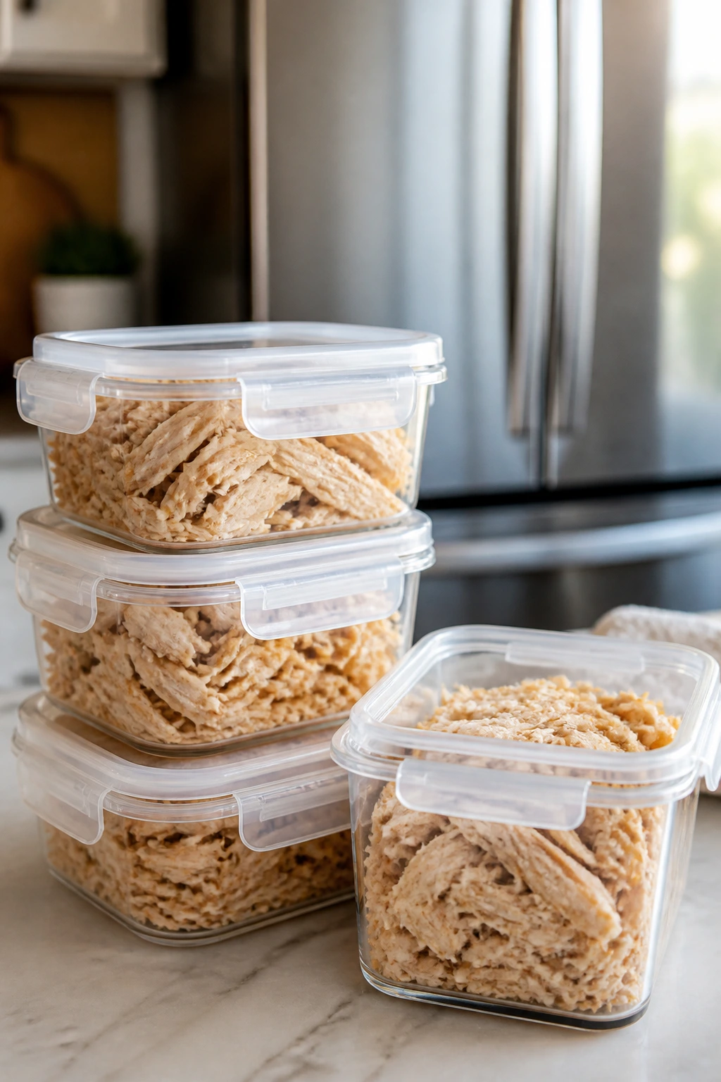 Airtight containers with shredded chicken on a kitchen counter