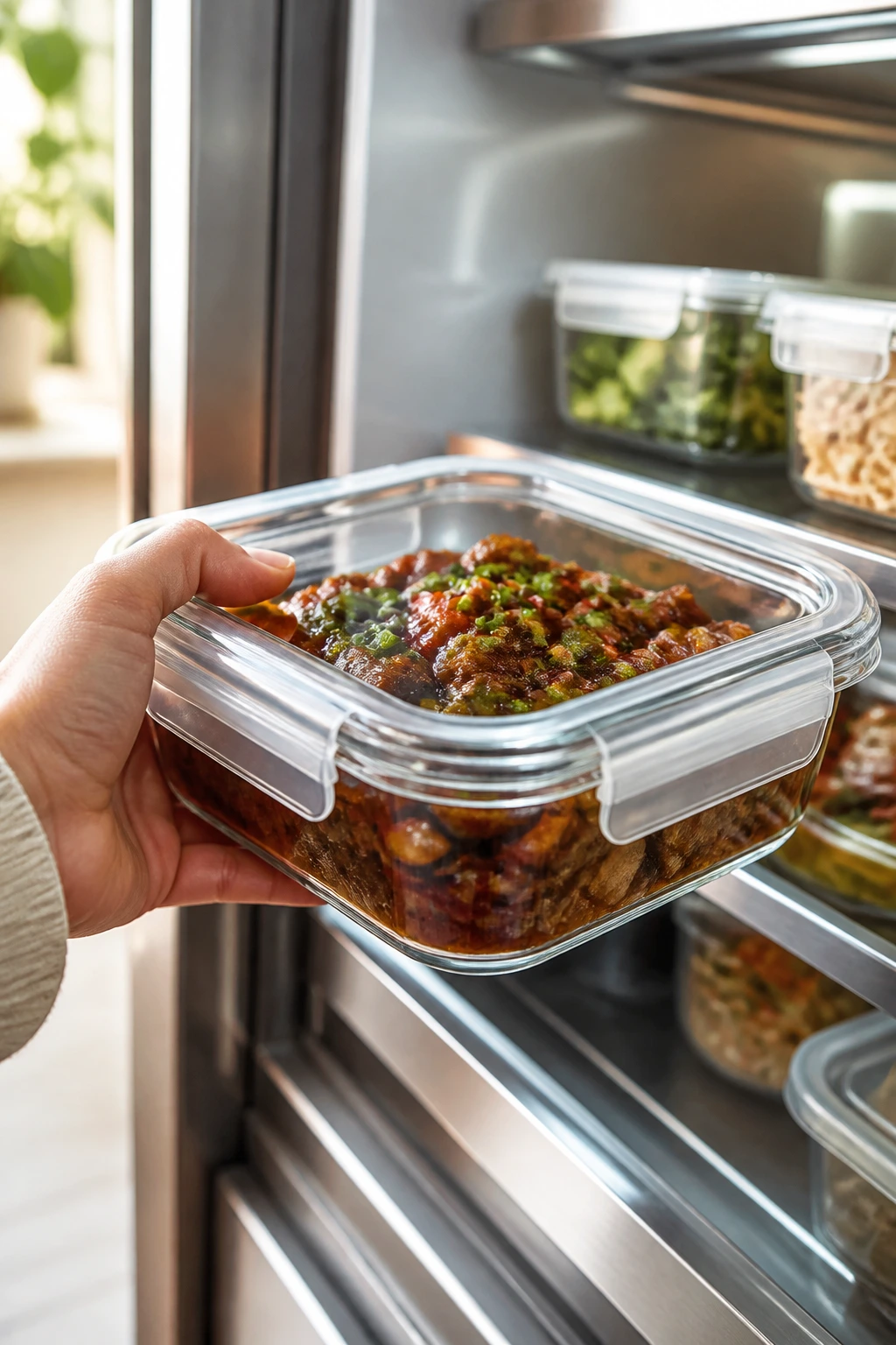 Close-up of a hand placing a glass container into a refrigerator, illustrating make-ahead storage