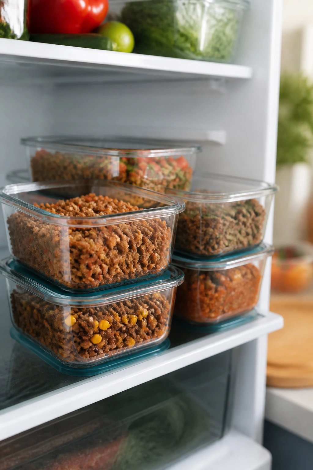 Meal prep containers with ground beef fillings in fridge