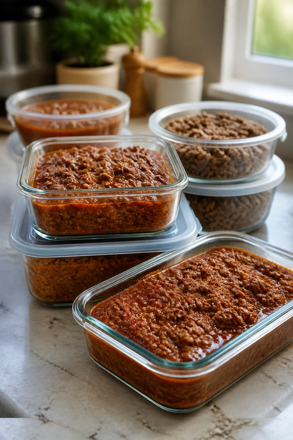 Glass storage containers with beef sauces on a kitchen counter for make-ahead storage