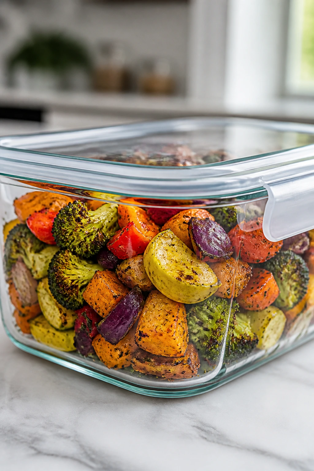 Roasted vegetables stored in a glass container for make-ahead
