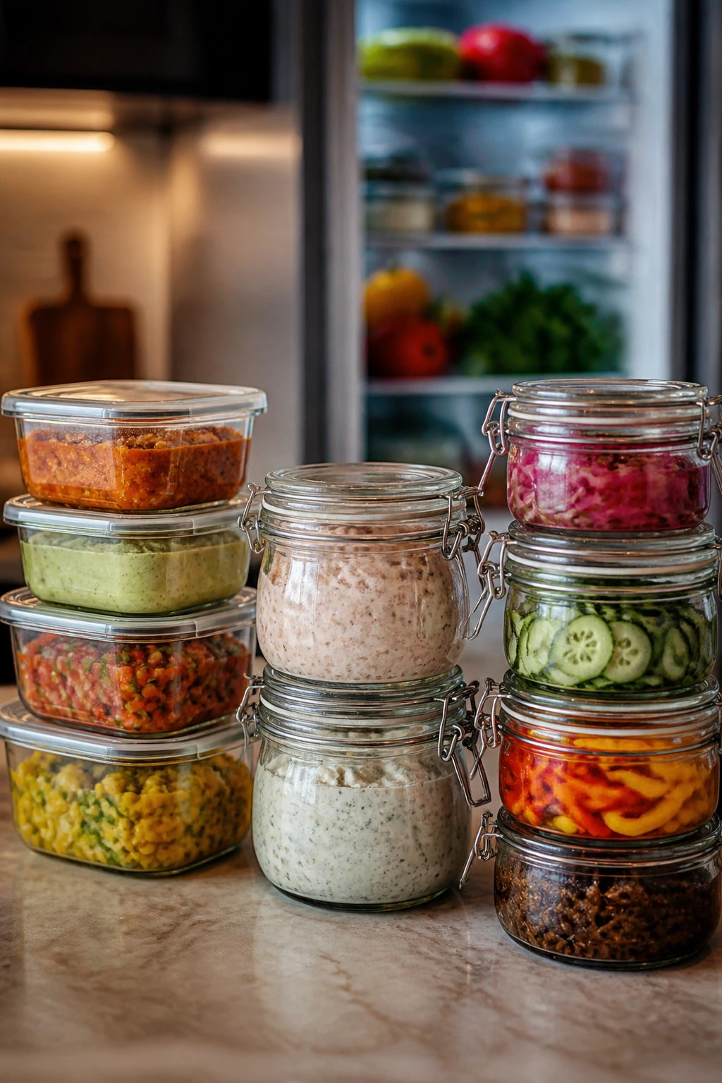 A kitchen counter with airtight jars and dips ready for make-ahead prep.