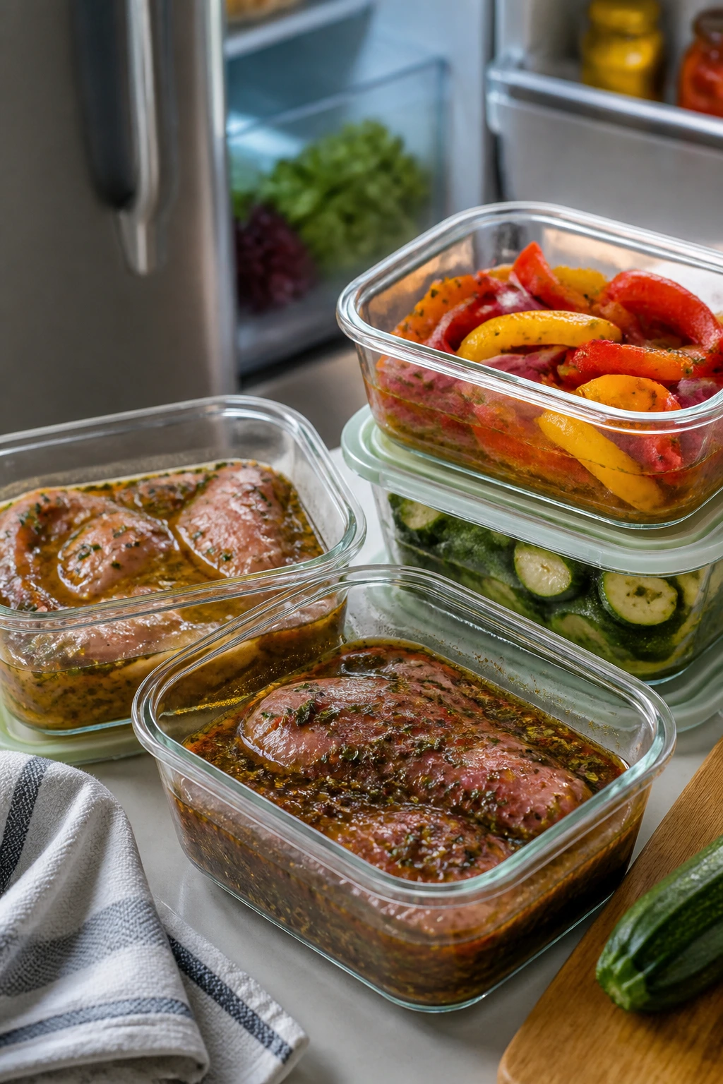 Airtight containers with marinades and prepped veggies for storage