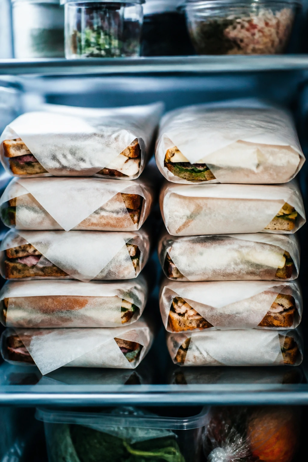 Fridge shelf with wrapped sandwiches ready for make-ahead storage