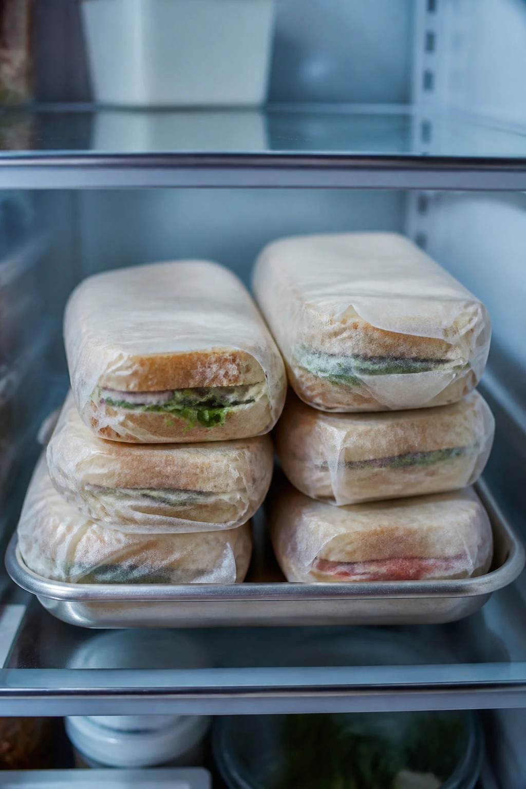 Fridge shelf with parchment-wrapped sandwiches ready for storage