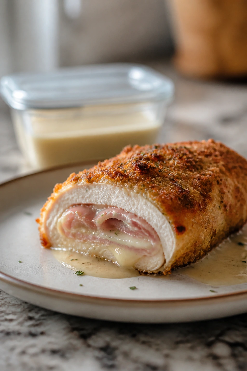Cordon bleu on counter with sauce container in background