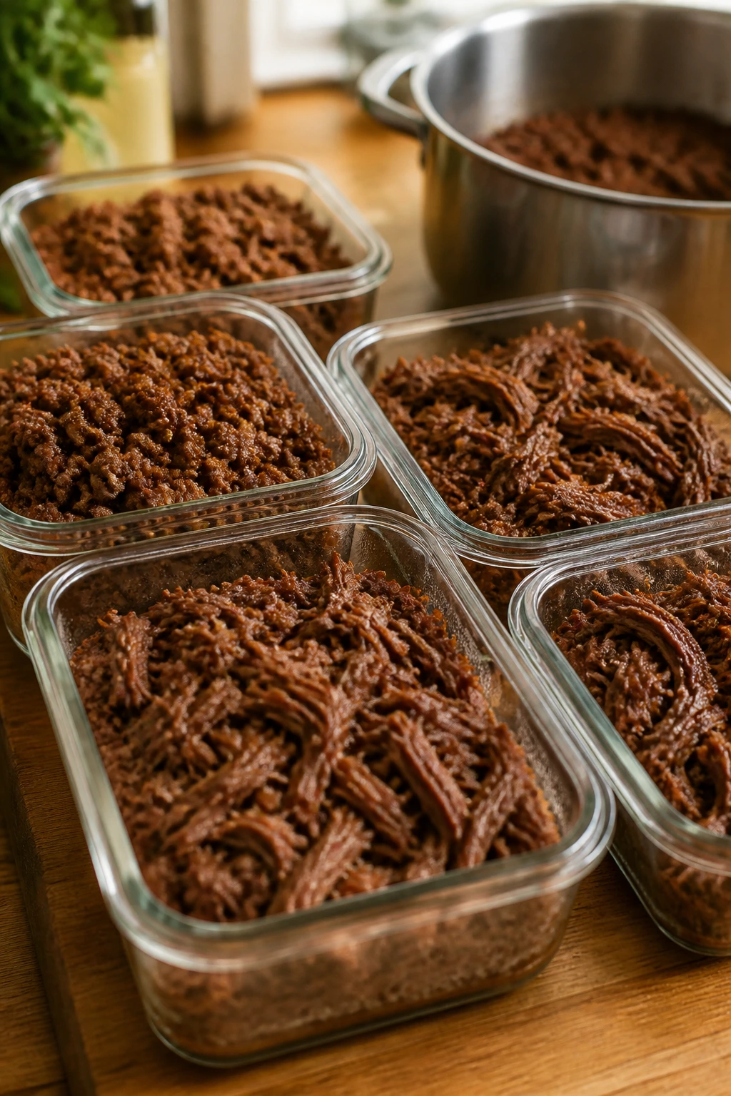 Close-up of glass meal-prep containers with ground beef and braised beef showing storage and reheating context