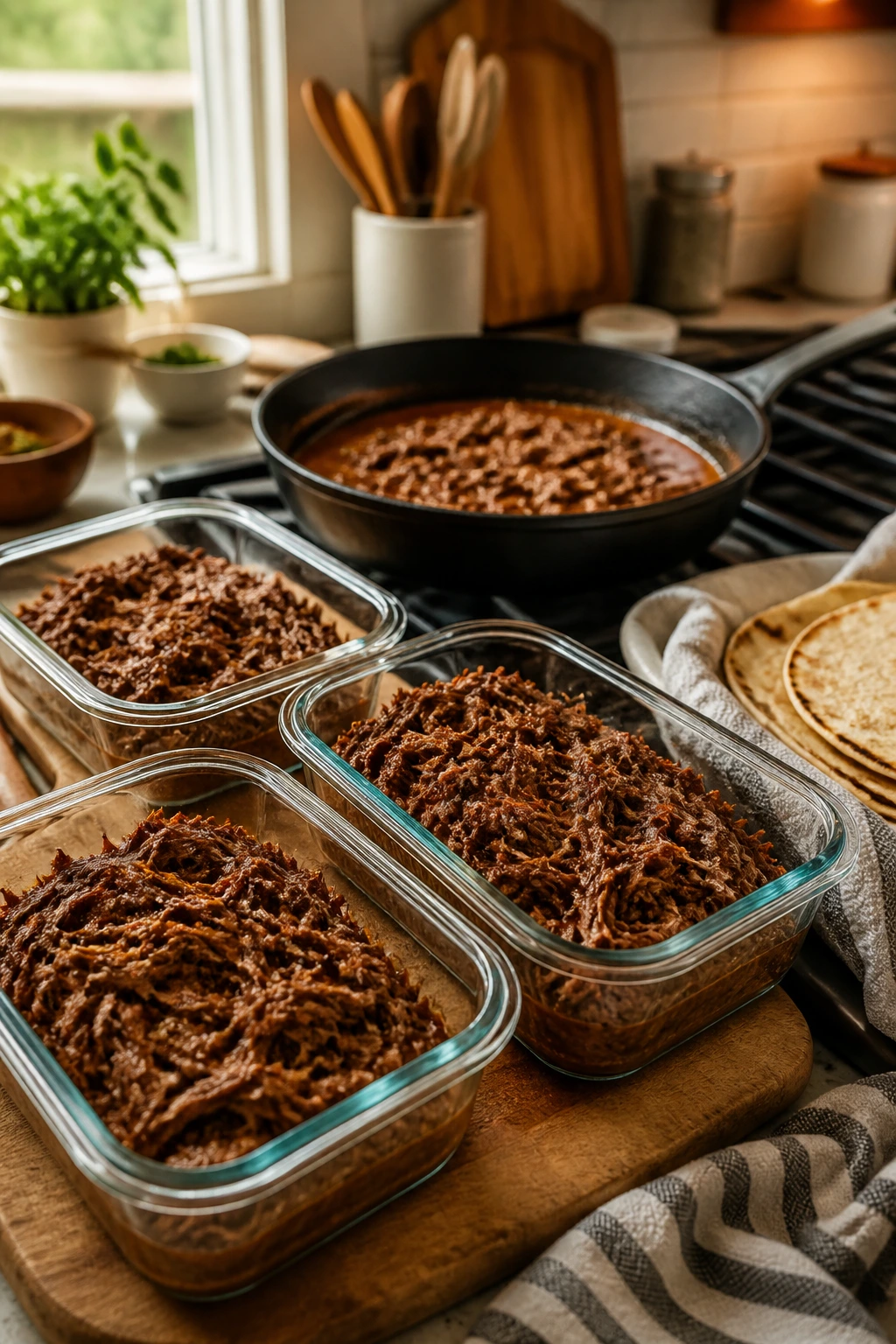 Close-up of beef fillings stored in glass containers with a warming skillet and tortillas in a cozy kitchen.