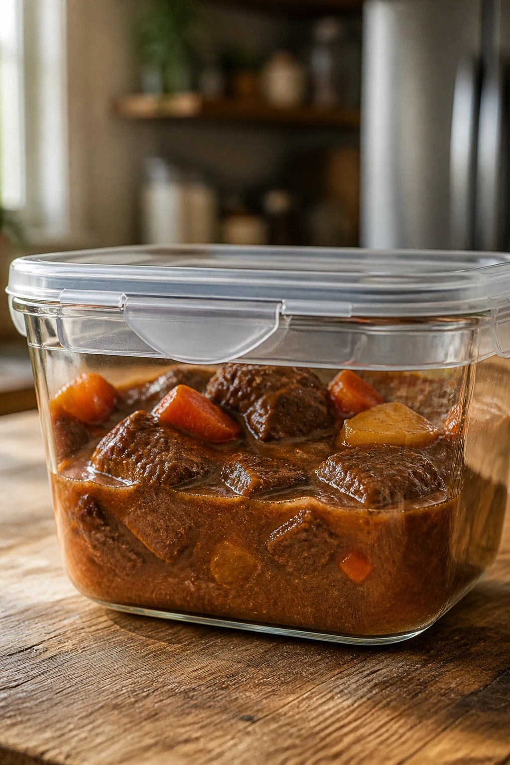 Close-up of a glass container with beef stew on a kitchen counter, representing make-ahead storage and reheating.