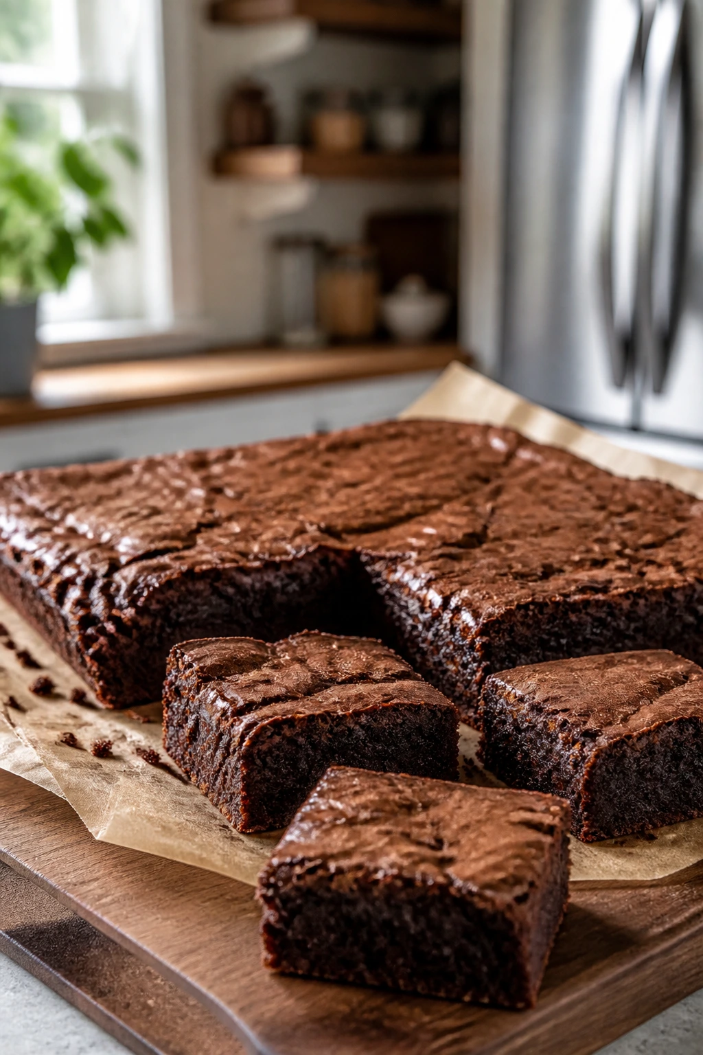 Slab of fudgy brownies on parchment in a home kitchen
