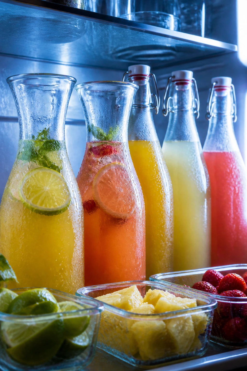 Close-up of frosty glass carafes and chilled bottles at a refrigerated prep station