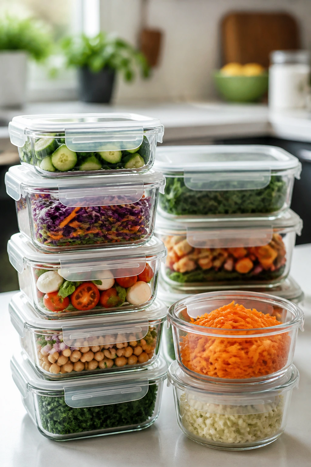 A stack of airtight containers with prepped salads ready to store.