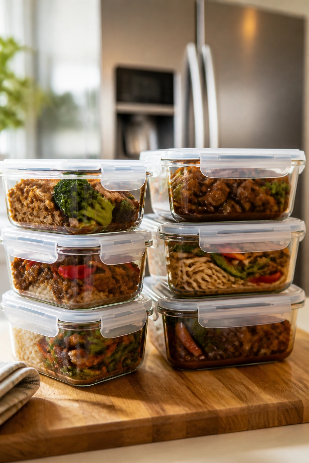 Glass meal-prep containers with leftovers on a bright kitchen counter