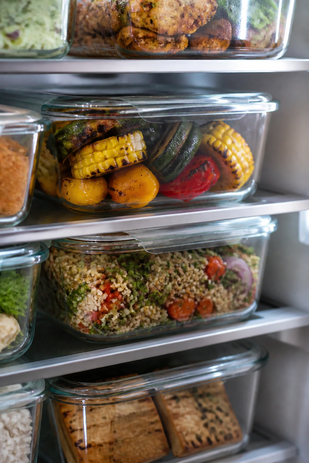 Close-up of glass meal-prep containers in a fridge, showing colorful vegetables and grains.