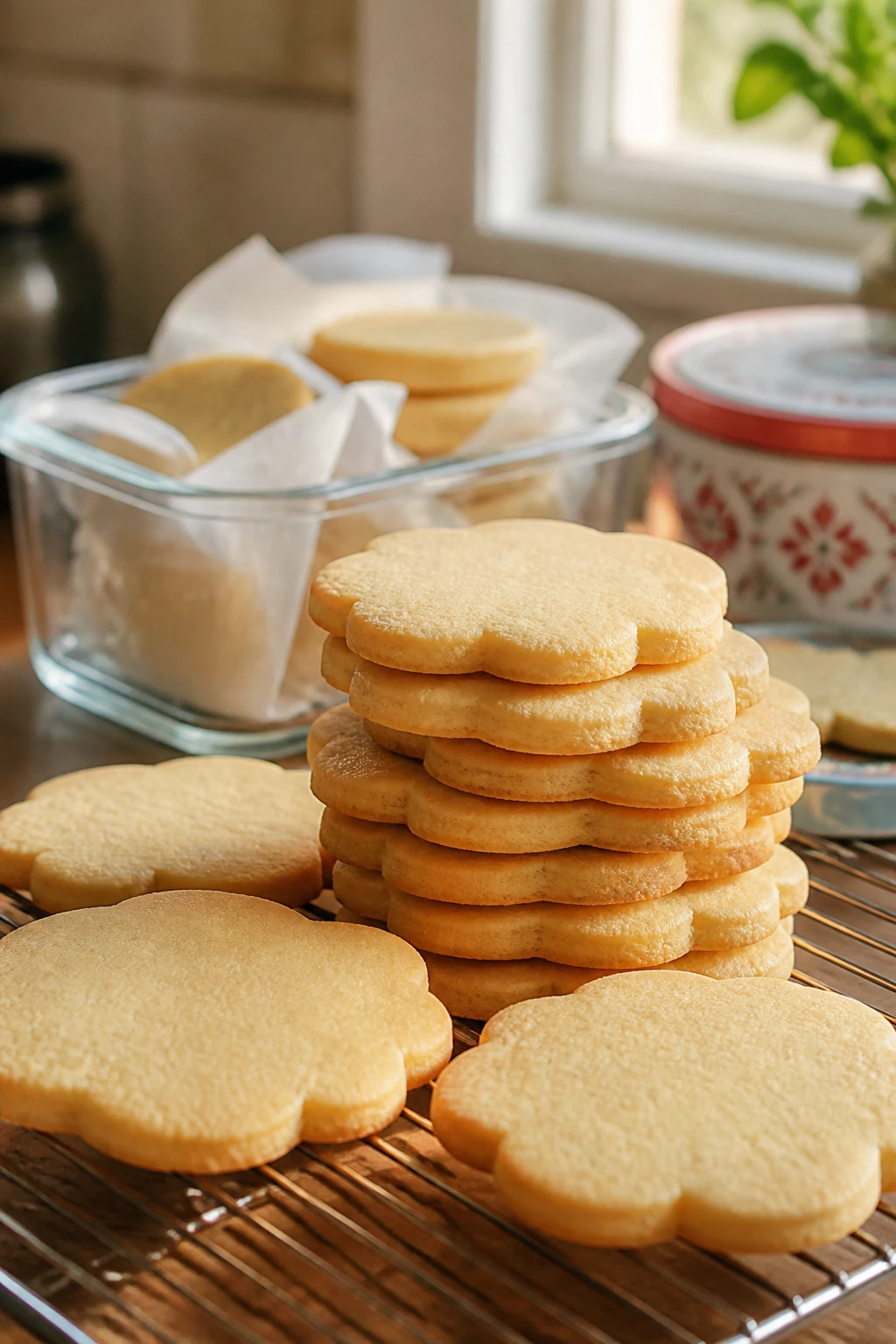 Close-up of sugar cookies cooling with storage containers in a warm kitchen