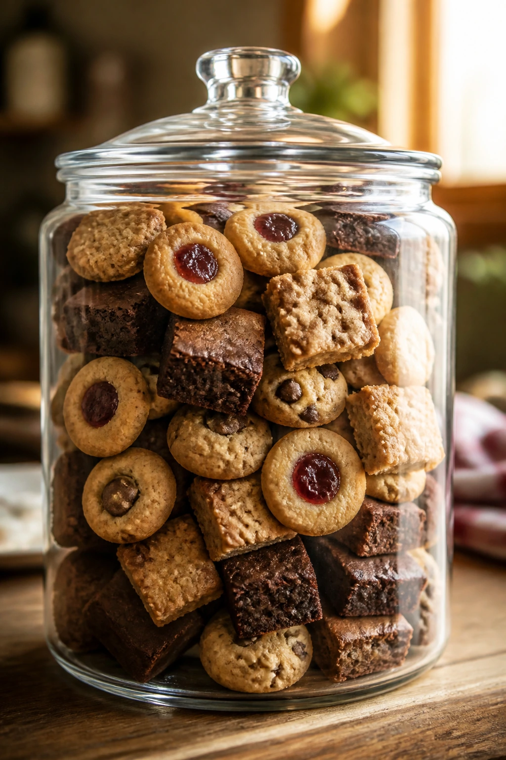 Glass jar with assorted cookies and bars on a wooden counter
