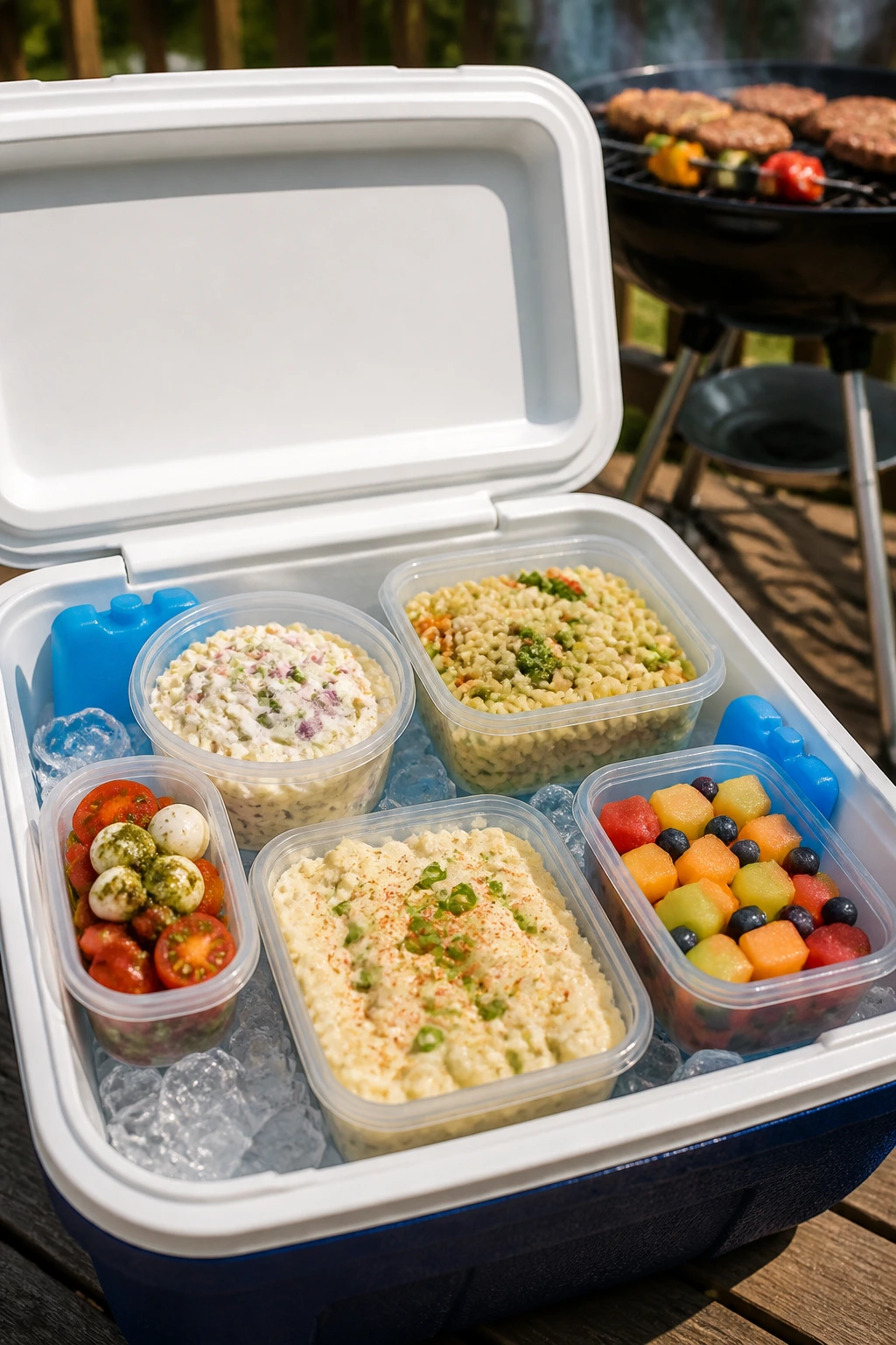 Open cooler with sealed cold salads on deck