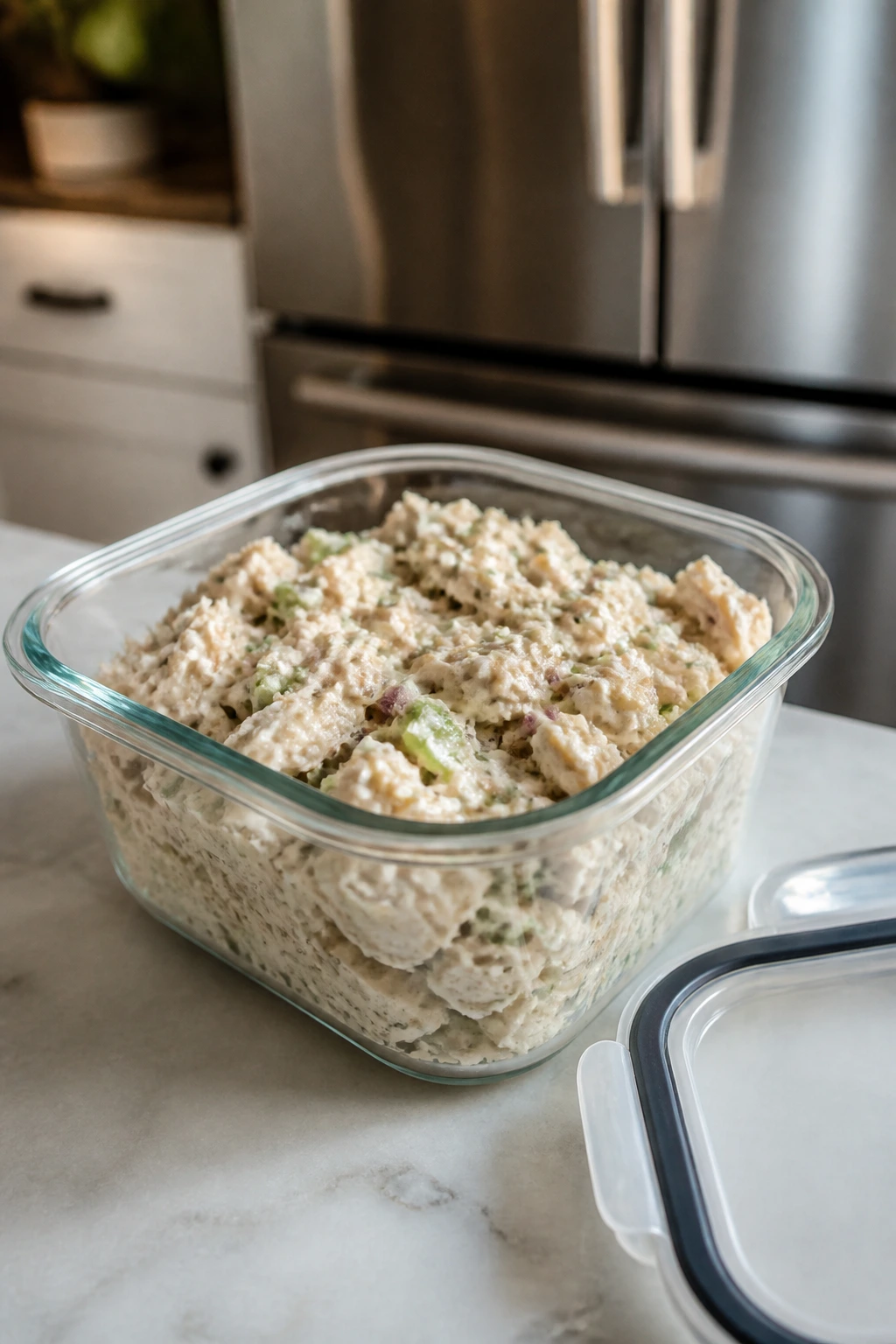 Glass container of chicken salad chilling on a kitchen counter