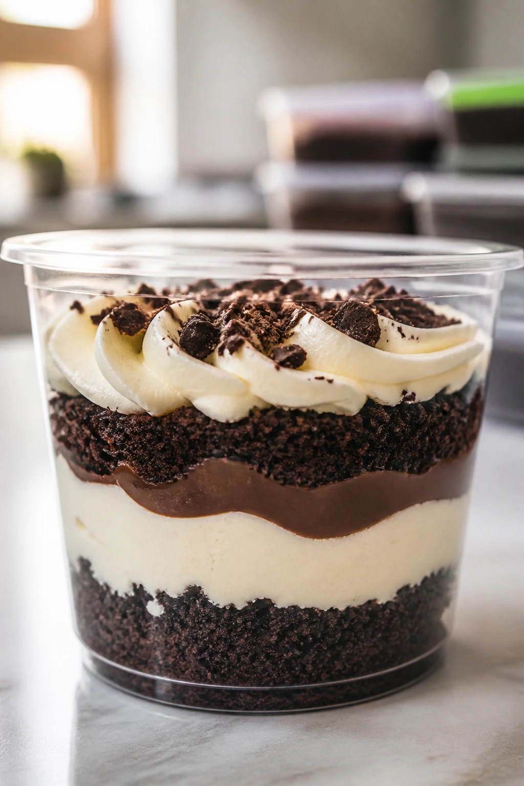 Close-up of a dessert cup on a kitchen counter indicating make-ahead storage