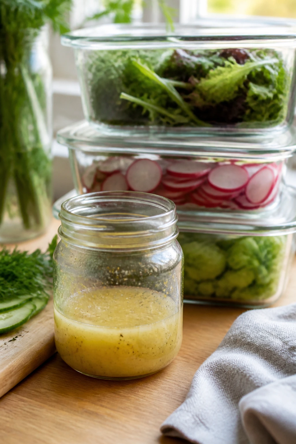 Close-up of a glass jar of pale vinaigrette with greens and sealed containers in a bright kitchen.