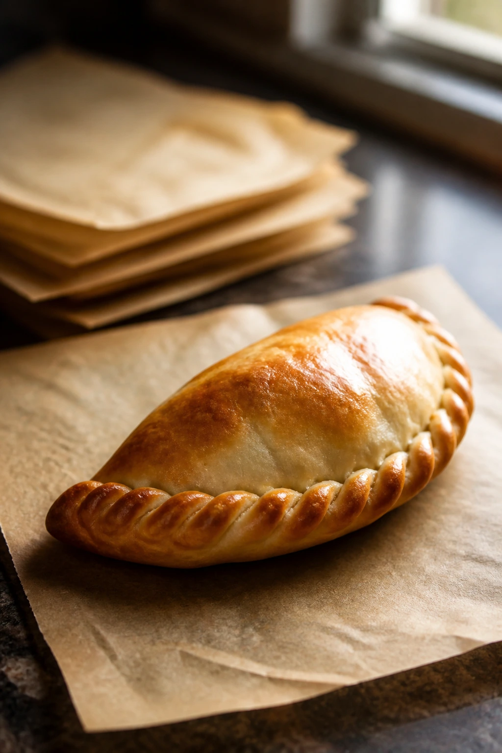 Baked empanada on parchment reminding make-ahead storage