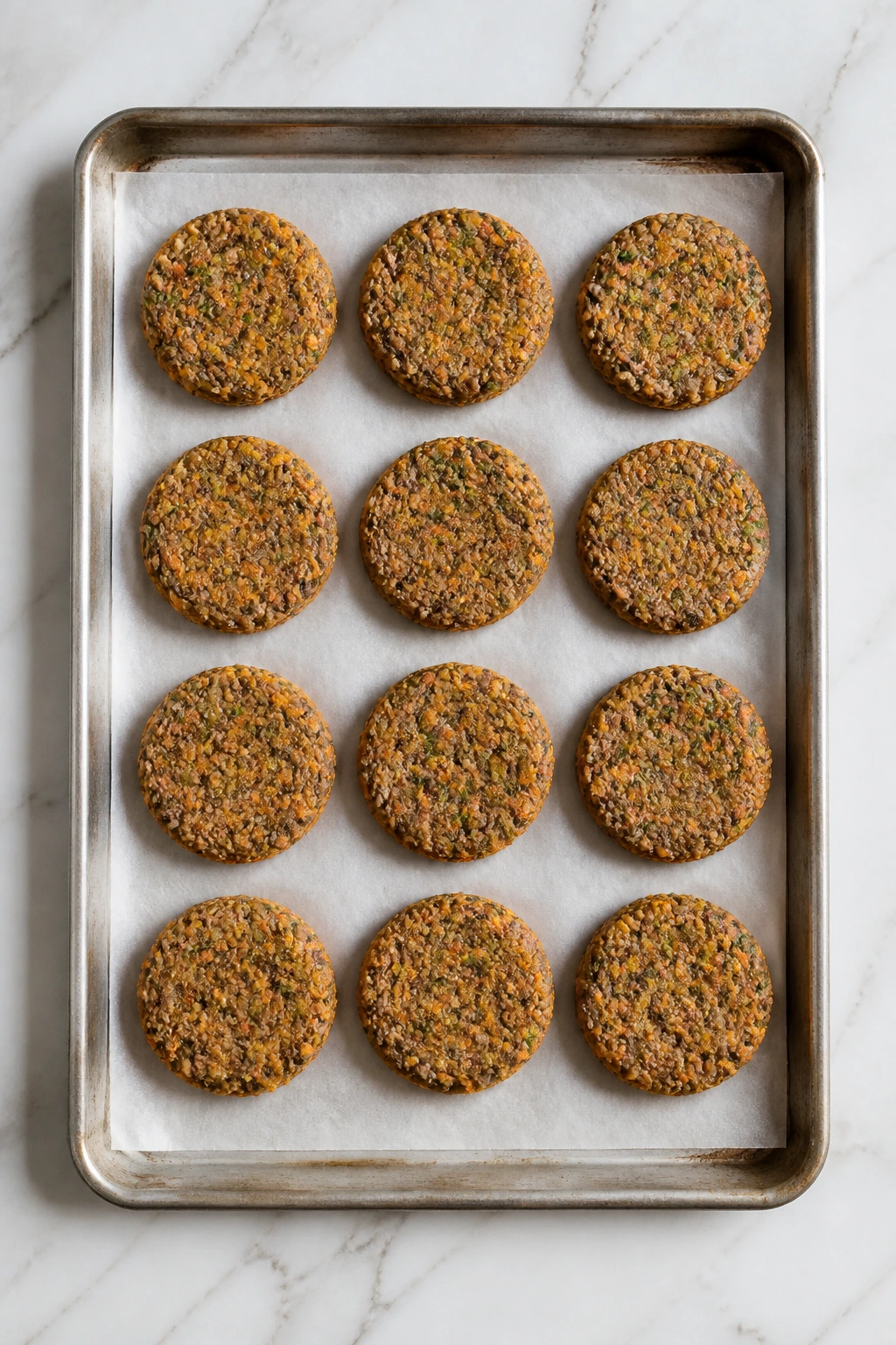 Parment-lined sheet with lentil burger patties ready for freezing