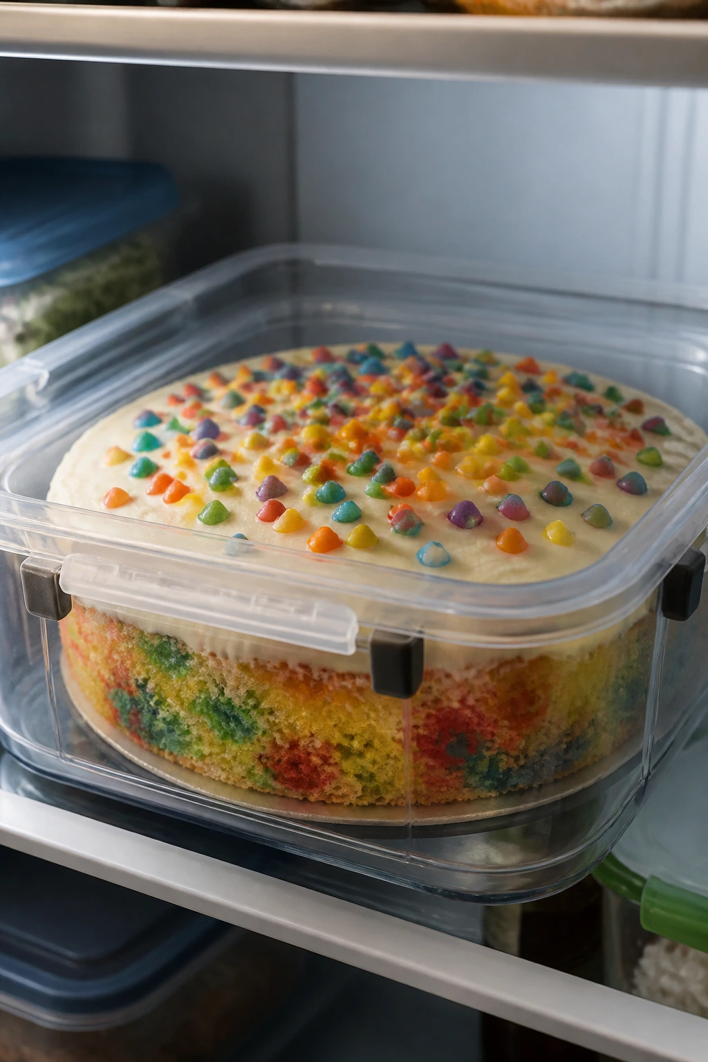 Frosted rainbow candy cake stored in fridge in a clear container